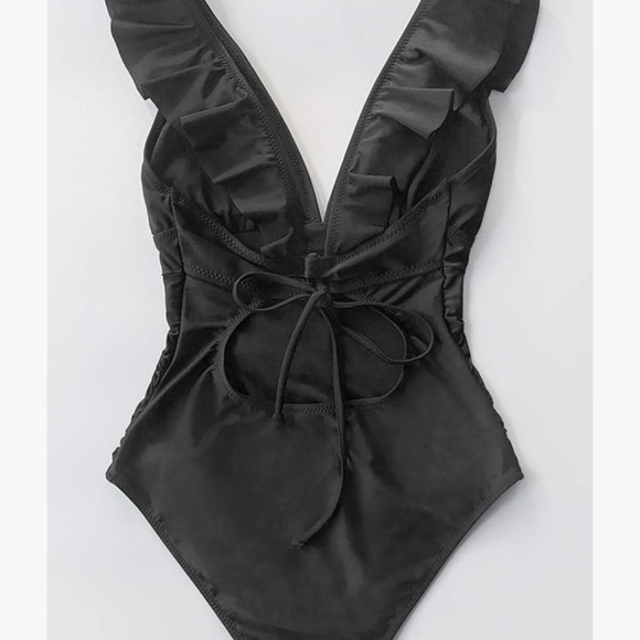 CUPSHE Women's Black V Neck Lace Up Ruffled One Piece Swimsuit - Picture 4 of 5